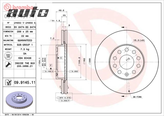 09.9145.10 BREMBO Tarcza hamulcowa przód AUDI A3; SEAT ALTEA/XL, LEON, TOLEDO III, SKODA OCTAVIA,