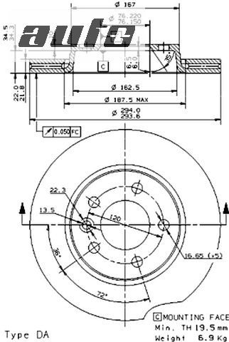 09.9582.10 BREMBO TARCZA HAM. T5 TYL 16"