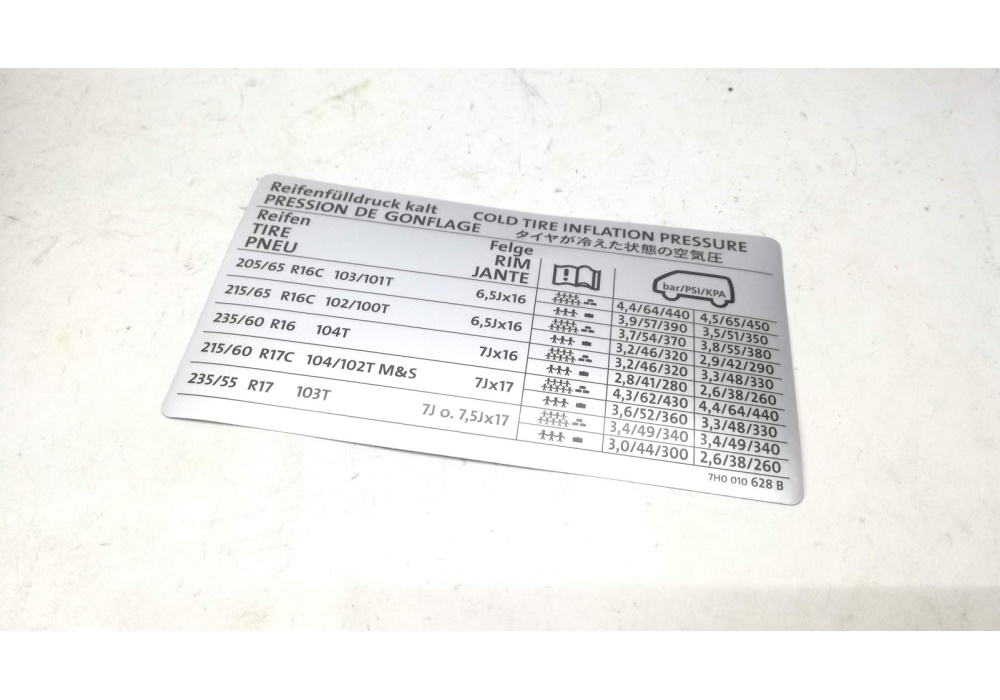 7H0010628B VAG Naklejka informacyjna ciśnienie w ogumi Volkswagen VW T5