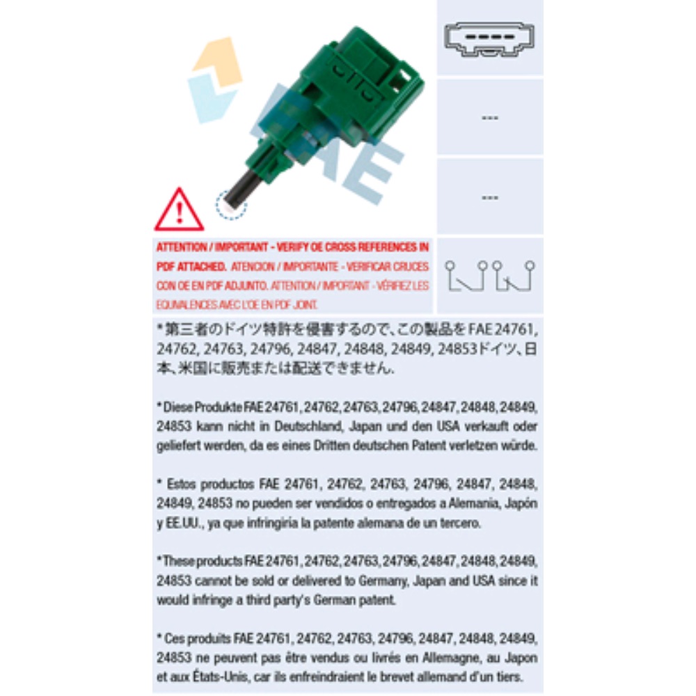 24762 FAE Włącznik świateł hamulca AUDI A2, A3, TT; FORD GALAXY; SEAT ALHAMBRA, CORDOBA, C