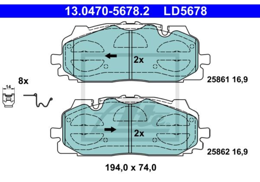 13.0470-5678.2 ATE KLOCKI HAM. AUDI P. A4/A5/A6/A7/A8/Q5/Q7 1,4-3,0 15- CERAMIC 194 X 74 X 16,9 PRZ