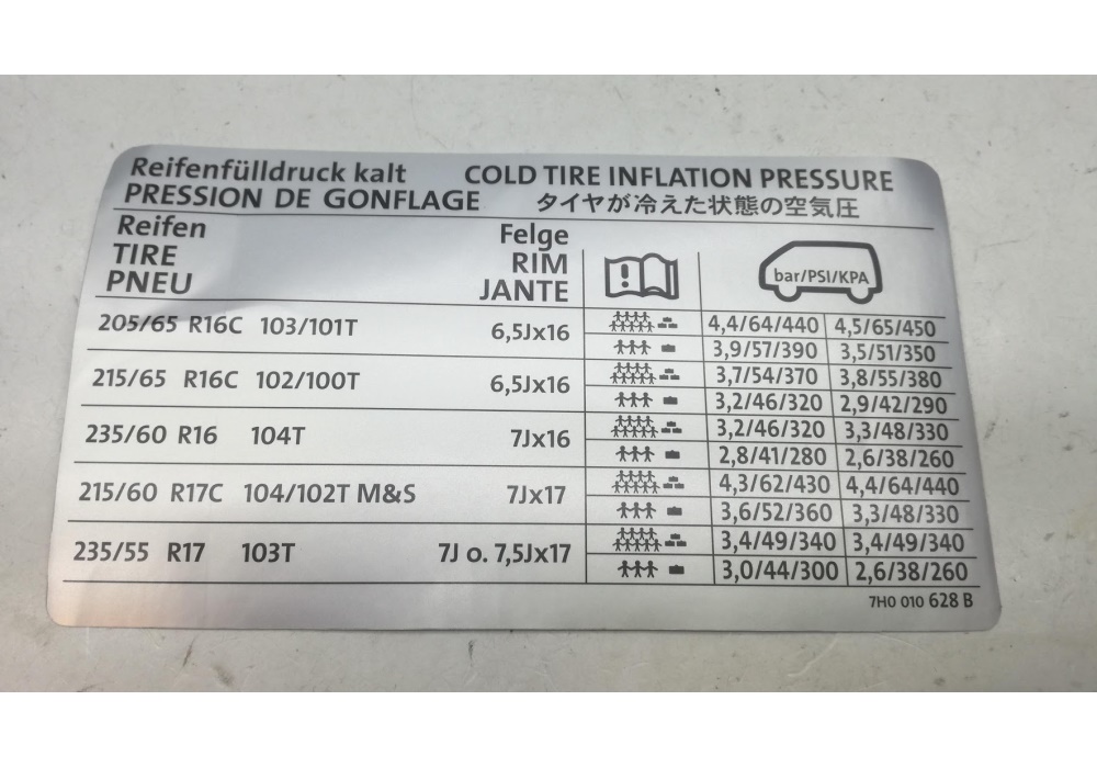 7H0010628B VAG Naklejka informacyjna ciśnienie w ogumi Volkswagen VW T5