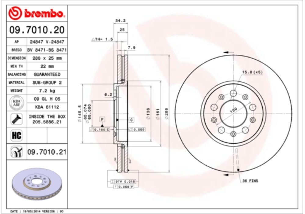 09.7010.20 BREMBO Tarcza hamulcowa przód AUDI A1, A3; SEAT CORDOBA, IBIZA IV, V, LEON, TOLEDO II,