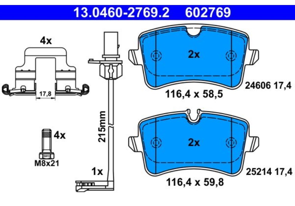 13.0460-2769.2 ATE Klocek hamulcowy kpl. tył AUDI A4 B8, A5, A6 ALLROAD C7, A6 C7, A7; PORSCHE MACA