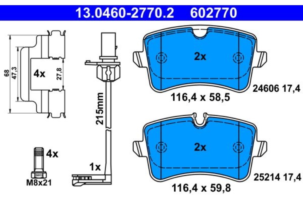 13.0460-2770.2 ATE Klocek hamulcowy kpl. tył AUDI A4 B8, A5, A6 ALLROAD C7, A6 C7, A7; PORSCHE MACA