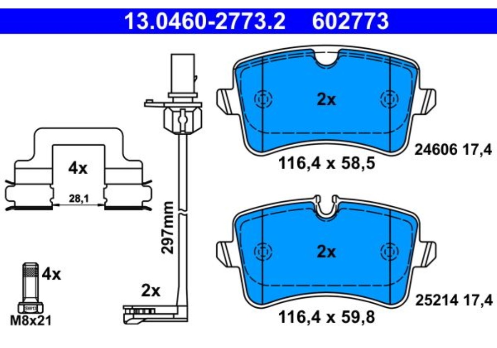 13.0460-2773.2 ATE Klocek hamulcowy kpl. tył AUDI A4 B8, A5, A6 ALLROAD C7, A6 C7, A7; PORSCHE MACA