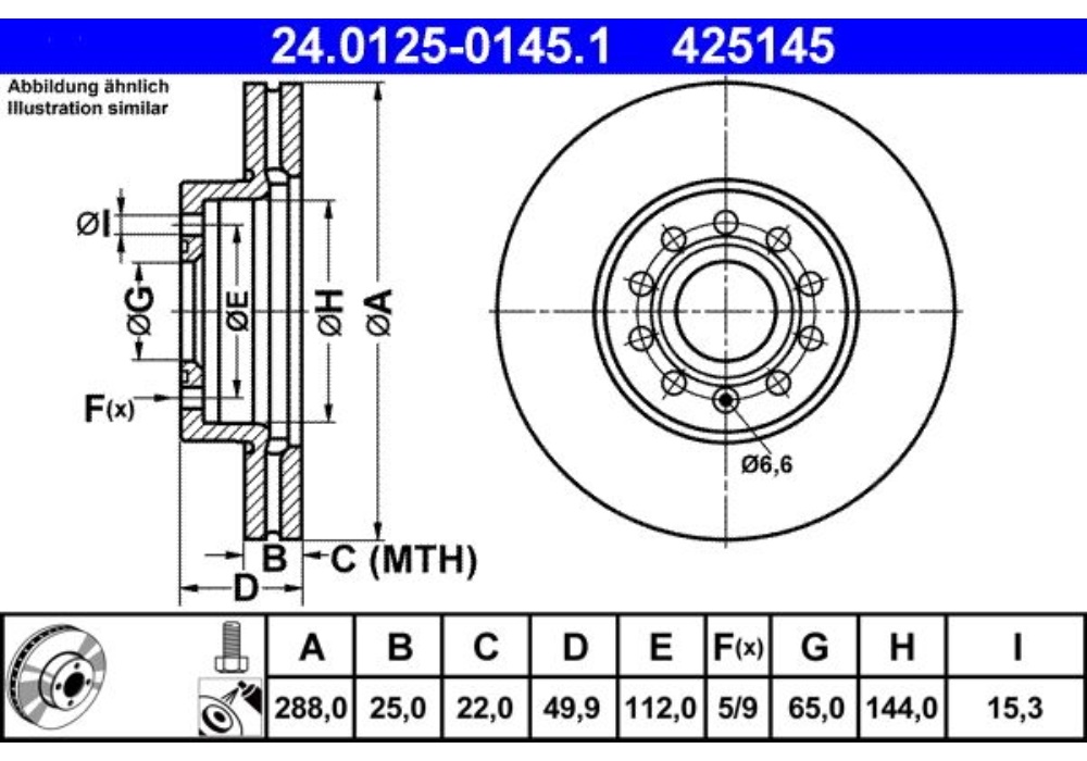 24.0125-0145.1 ATE Tarcza hamulcowa przód AUDI A3; SEAT ALTEA/XL, LEON, TOLEDO III, SKODA OCTAVIA,