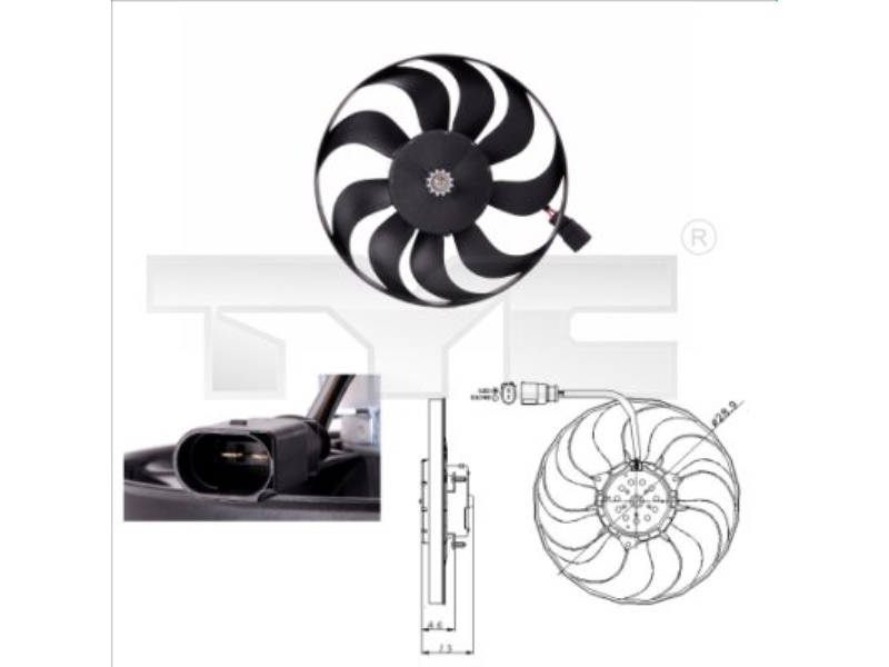 802-0001 TYC Wentylator chłodnicy VW TOURAN (1T1, 1T2) 1.675 KW1595 CCM102PS2003/07->2010/05