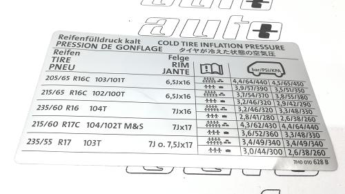 7H0010628B VAG Naklejka informacyjna ciśnienie w ogumi Volkswagen VW T5